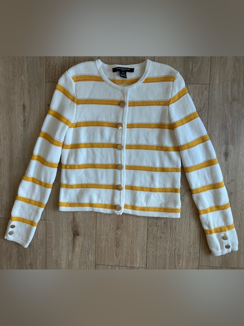 French Connection Marloe Rib White & Yellow Striped Button-Front Cardigan